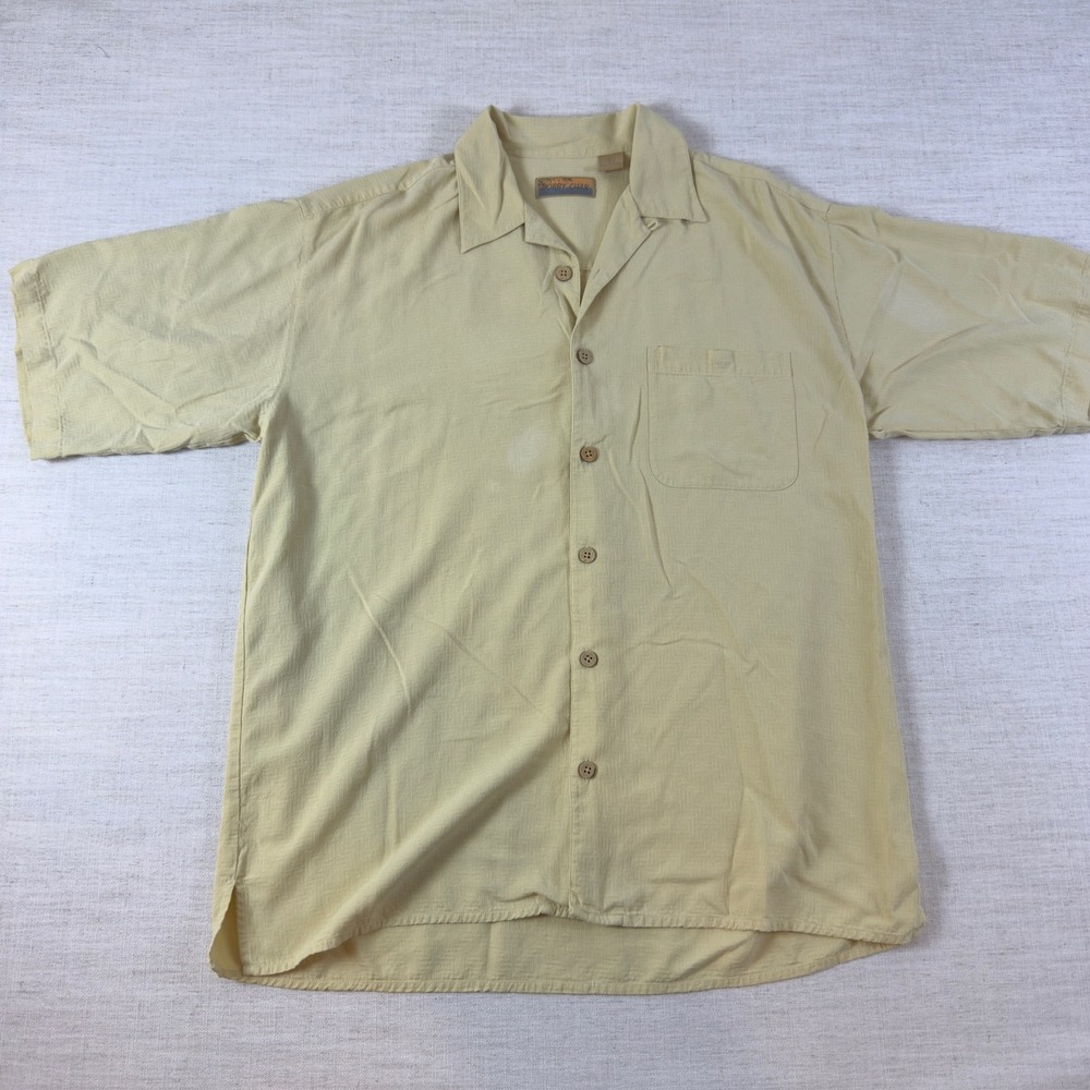 Bobby Chan Mens Large Yellow 100% Silk Short Sleeve Button Down Camp Shirt